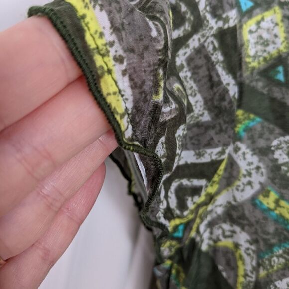 Ruffle cotton silk top abstract print green Large @K1 - Picture 8 of 13